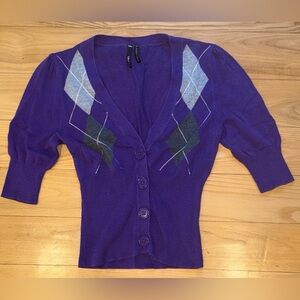 Takeout Purple Argyle Cardigan Size M Juniors Fitted Button Sweater Preppy Y2K